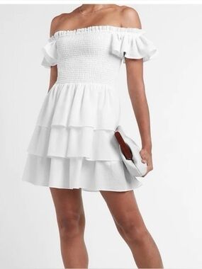 NWT-Express White Ruffle Tiered off the shoulder mini dress
